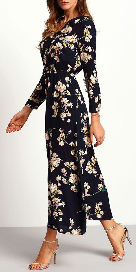 Navy Floral Maxi Dress. Elegant & comfortable! By shein.: Long Sleeve Floral Maxi Dress, Navy Floral Dress, Party Dress Long Sleeve, Floral Dresses Long, Mode Casual, Maxi Dress Online, Maxi Robes, Long Sleeve Floral Dress, Boho Maxi