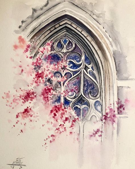 Architecture Painting Ideas, Dreamy Art Painting, Watercolor Cathedral, Window Art Painting, Landscape Ideas Drawing, Watercolor And Ink Flowers, Watercolour Architecture, Watercolour Painting Landscape, Watercolor Window