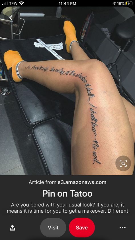 Leg Quote Tattoo, Word Tattoo Designs, Side Leg Tattoo, Thigh Tattoo Quotes, Back Of Leg Tattoos, Butterfly Tattoos Images, Cute Thigh Tattoos, Lower Leg Tattoos, Girl Neck Tattoos