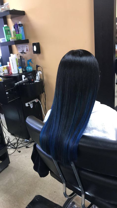 Black Blue Tint Hair, Dark Blue Streaks In Black Hair, Royal Blue Hair Highlights, Black Hair With Blue Ends, Black Hair With Dark Blue Highlights, Blue Peak A Boo Hair, Dark Blue Dyed Hair, Blue Black Balayage, Black And Dark Blue Hair