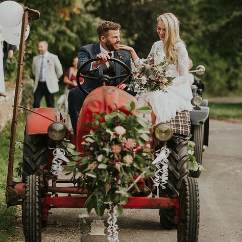 tractor for the bride and gromm Tractor Wedding, Virginia Photography, Outdoor Wedding Inspiration, Boda Mexicana, Fun Wedding Photography, July 2022, Western Wedding, Outdoor Wedding Venues, Event Ideas