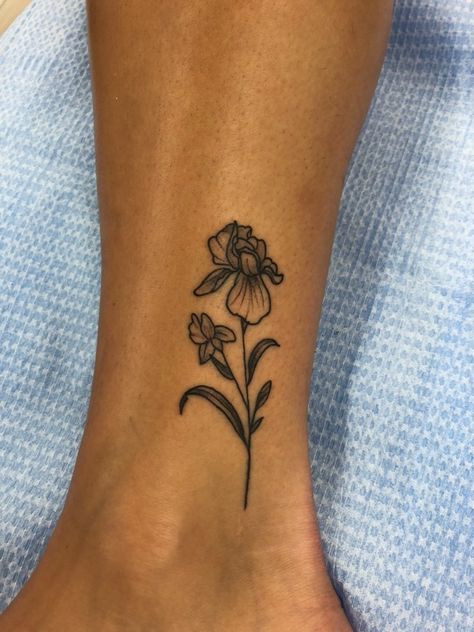 Ankle Tattoo Flower, Iris Flower Fine Line Tattoo, Iris Tattoo Line Art, Traditional Iris Flower Tattoo, Iris Flower Tattoo Ankle, Fine Line Iris Tattoo, Inner Ankle Tattoo, Inner Ankle Tattoos, Iris Flower Tattoo