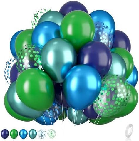 Green Blue Balloons, Jungle Balloons, Boys Birthday Party Decorations, Dinosaur Balloons, Orange Balloons, Metallic Balloons, Confetti Birthday, Green Balloon, Balloon Ribbon