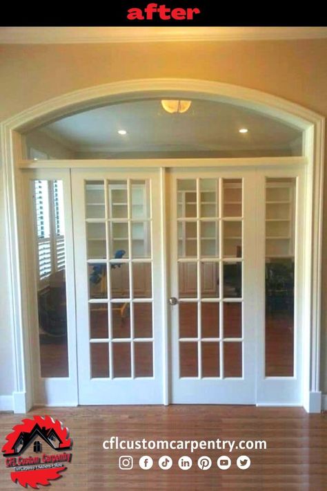 Custom Door by CFL Custom Carpentry Interior French Doors With Sidelights, Arched French Doors Interior, French Doors To Office, Sliding Doors Design, Glass French Doors Interior, French Doors Office, Office French Doors, Archways In Homes, Arched Interior Doors