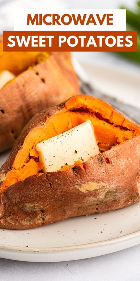 How to make a microwave sweet potato. This is the quickest, easiest way to cook sweet potatoes at home for an easy side dish or as part of your main dish. Baked Sweet Potato In Microwave, How To Cook Sweet Potatoes In Microwave, Sweet Potatoes In The Microwave, Microwave Sweet Potatoes, Microwave A Sweet Potato, Baking Mischief, Microwave Vegetables, Rv Meals, 5 Minute Recipe