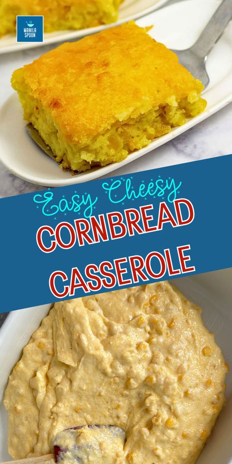 Easy Cheesy Cornbread Casserole Cornbread Bake Casserole, Cheesy Cornbread Casserole, Corny Cornbread, Cornbread Corn Casserole, Cornbread Dishes, Mexican Cornbread Casserole, Cheesy Cornbread, Cornbread Casserole Recipe, Cornbread With Corn