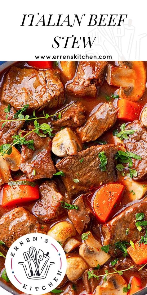 This savory Italian Beef Stew recipe makes a delicious, satisfying stew with a rich tomato gravy and meat that just melts in your mouth! Heart Healthy Beef Stew, Beef Stew With Tomato Sauce, Braised Stew Meat Recipes, Italian Stew Recipes, Italian Beef Stew Recipes, Italian Beef Soup Recipes, Veal Stew Meat Recipes, Tomato Stew Recipes, Stew Beef Recipes For Dinner