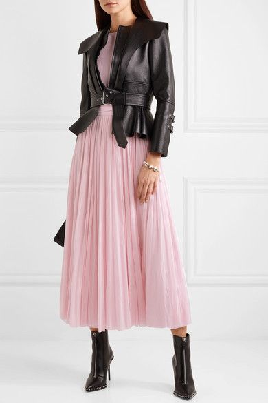 #fashion #dress #outfit #jacket Leather Biker Jacket Outfit, Casual Leather Jacket Outfit, Biker Jacket Outfit, Alexander Mcqueen Jacket, Peplum Gown, Leather Jacket Dress, Pleated Chiffon Skirt, Pink Pleated Skirt, Midi Skirt Outfit