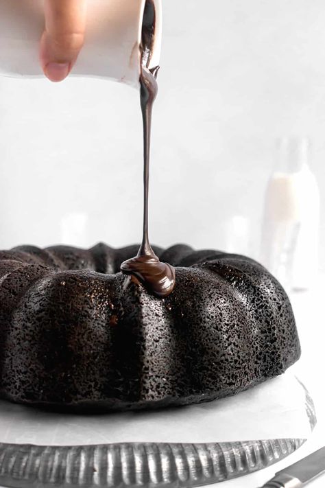 This extra dark chocolate bundt cake is rich and decadent and topped with a shiny chocolate glaze. It is very simple to make, so delicious & always a crowd pleaser! Butterscotch Bundt Cake, Dark Chocolate Bundt Cake, Bundt Cake Chocolate, Butterscotch Cake, Chocolate Bundt, Chocolate Bundt Cake, Bundt Cake Pan, Chocolate Espresso, Chocolate Glaze