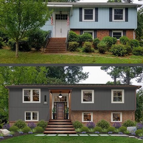 Split Home Exterior, Bilevel House Exterior Curb Appeal, Raised Ranch Exterior Curb Appeal, Split Level Exterior Update, Modernized Split Level Exterior, Brick Split Level Exterior Makeover, Modern Bilevel Exterior, Raised Ranch Makeover, Raised Ranch Remodel Exterior Front Entrances