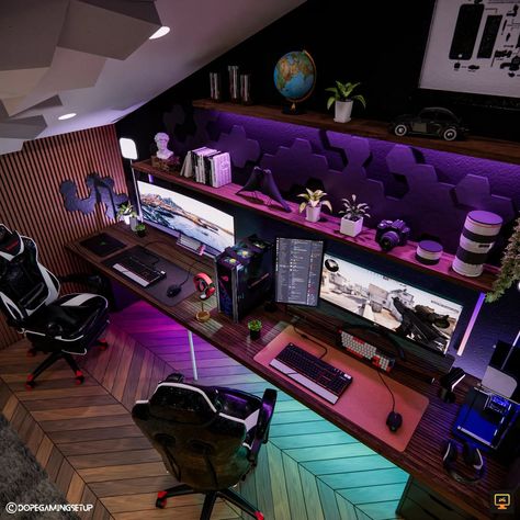 Couple Pc Setup Gamer, 2 Person Pc Setup, Pc Gaming Setup For Couples, Double Desk Gaming, His And Hers Pc Gaming Setup, His Hers Gaming Room, Couple Gaming Room Ideas, Double Pc Setup, Dual Gaming Room