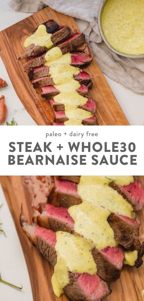 This Whole30 steak with béarnaise sauce is the perfect Whole30 date night dinner: perfectly seared medium-rare steak topped with a super rich Whole30 béarnaise sauce infused with shallots and fresh tarragon. You'll love how elegant this Whole30 steak with béarnaise sauce tastes and how quick and easy it is! Total knockout. #whole30 #steak #lactosefree #cleaneating Béarnaise Sauce, Bearnaise Sauce, Night Recipes, Date Night Dinner, Date Night Dinners, Quick Diet, Easy Steak, Date Night Recipes, Whole 30 Diet