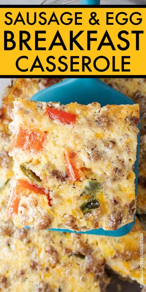 Looking for your next favorite easy breakfast recipe the whole family will love? Try this simple and hearty Sausage and Egg Breakfast Casserole! It's packed with cheese, ground sausage, and flavorful vegetables and seasonings for a flavor combination you'll love. Breakfast Recipes With Ground Sausage, Breakfast With Sausage And Eggs, Egg Bake Recipes Sausage, Egg Sausage Cheese Casserole, Sausage Breakfast Casserole Recipes, Breakfast Casserole No Potatoes, Sausage And Egg Recipes, Sausage Egg Casserole Recipes, Pork Sausage Recipes Breakfast