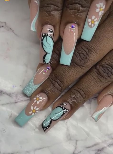 Blue nails, butterfly nail art ,flower nail art ,french tips ,nude nails Butterfly Summer Nails, Flower Butterfly Nails, Blue Nails Butterfly, Purple Butterfly Nails, Blue Butterfly Nails, Gel Ideas, Nail Art Flower, Nail Art French, Nails Butterfly