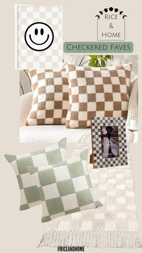 Checkered print home decor from Amazon Checker Room Decor, Checkered Decor Aesthetic, Neutral Checkered Nursery, Checkerboard Bedroom, Checkered Chair, Checkered Room, Checkered Nursery, Sage Room, Decor From Amazon