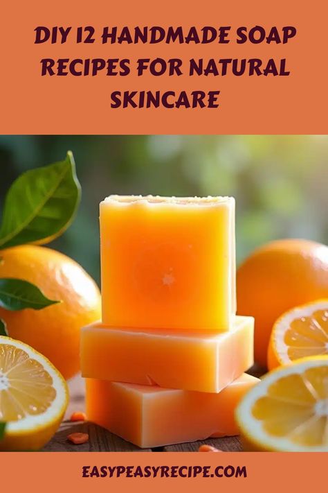 Stack of orange handmade soaps surrounded by fresh oranges, with text promoting natural skincare recipes. Sunflower Oil Soap Recipe, Natural Bar Soap Recipe, Handmade Soap Recipes Cold Process, Lye Free Soap Recipes, Orange Soap Recipe, Face Soap Recipe, Facial Soap Recipe, Dandelion Oil, Diy Luxury