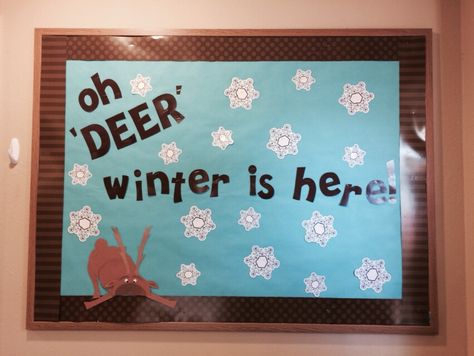 Winter bulletin board in the preschool room at Ready Set Grow Preschool Bulletin Board, Toddler Bulletin Boards, All About Me Crafts, Winter Bulletin Board, Preschool Room, Deer Winter, Winter Bulletin, Christmas Preschool, Ra Boards