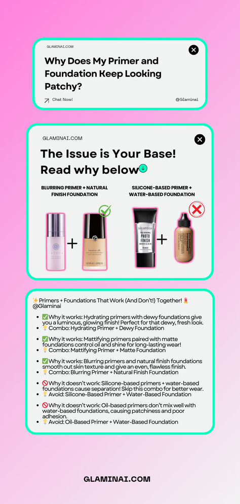 Why does your primer and foundation look patchy? It's all about the right combo! Learn which primers and foundations work best together (and which don't) for a flawless base. 💄 #MakeupTips #FlawlessBase #BeautyHacks @Glaminai Water Based Foundation, Dewy Foundation, Makeup Skills, Flawless Base, Mattifying Primer, Hydrating Primer, You Are Perfect, Makeup Yourself, Makeup Tips