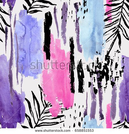 Geometric watercolor shapes and tropical leaves seamless pattern. Abstract drawing of palm leaves, ink doodle, brush stroke, water color textures background. Hand painted colorful striped illustration Watercolor Tropical Leaves, Textures Background, Watercolor Shapes, Ink Doodles, Project Table, Watercolor Tropical, Hummingbird Flowers, Abstract Drawing, Home Restaurant