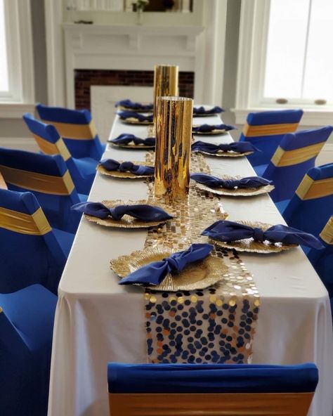 Black Blue And Gold Party Table Settings, Blue And Gold 70th Birthday Party, Blue And Gold Class Reunion Ideas, Navy Blue Table Cloth With Gold Runner, Blue And Gold Corporate Event, 70th Birthday Ideas For Mom, Blue Graduation Party, Pastor Anniversary, Graduation Dinner