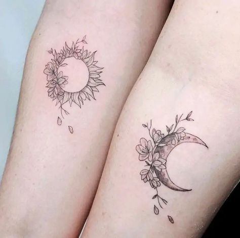 Sun And Moon Sister Tattoos, Best Friend Flower Tattoos, Matching Nature Tattoos, Matching Mom Daughter Tattoos, Best Friend Flower, Sister Tattoo Designs, Mom Daughter Tattoos, Matching Sister Tattoos, Sister Sister