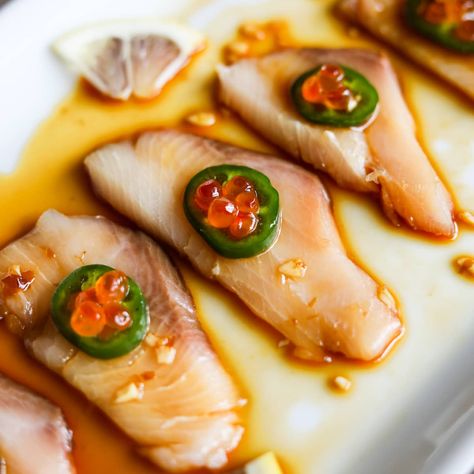 Yellowtail Sashimi Recipe, Hamachi Recipe, Yellowtail Sushi, Hamachi Crudo, Sashimi Recipe, Carpaccio Recipe, Ponzu Sauce, Balsamic Glazed Chicken, Salmon Roe