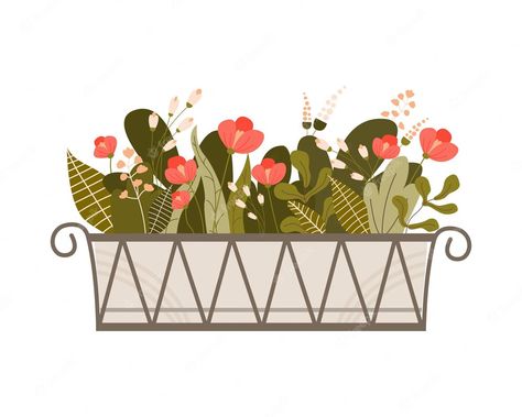 Flower Box Illustration, Dog Mural, Balcony Green, Pic Background, Vector Garden, Flowers Balcony, Basket Drawing, Window Drawing, Window Plants