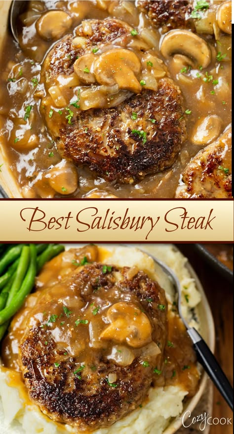 Salisbury steak with a mushroom gravy on top of mashed potatoes. Meat And 3 Vegetable Dinners, Complete Dinner Meals, Salisbury Steak And Mashed Potatoes, Ground Beef Dinner Ideas Family, Best Ever Salisbury Steak Recipe, Beef Entree Recipes, Meat Dishes Recipes, Saulsberry Steak Recipes Ground Beef, Mashed Potato Dinner Ideas