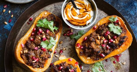 Sweet roast pumpkin is perfect with aromatic lamb. Roast the pumpkin and make the lamb ahead of time, ready to stuff and roast on the night. Moroccan Seasoning, Stuffed Pumpkins, Spiced Lamb, Stuffed Pumpkin, Pumpkin Recipes Healthy, Lamb Recipe, Mince Recipes, Roast Pumpkin, Healthy Pumpkin