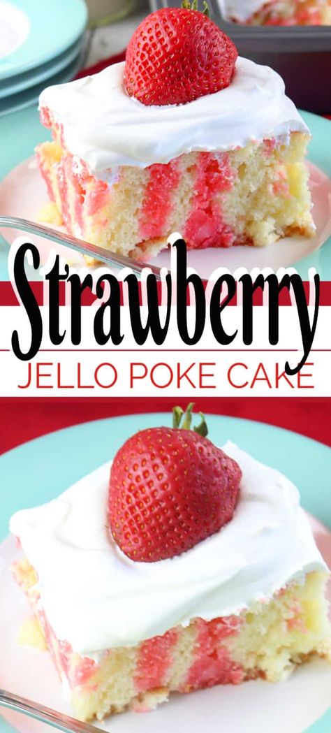 This Strawberry Jello Poke Cake is cool and light - and the sweetness comes from the berries. Plus, it's a very simple recipe, one made with a box cake mix. Strawberry Jell-o Poke Cake, Strawberry Jello Poke Cake, Jello Poke Cake, Poke Cake Jello, Strawberry Poke Cakes, Jello Cake, Champagne Cake, The Seasoned Mom, Strawberry Dessert Recipes