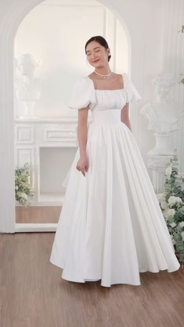 Puff Sleeve Wedding Dress Modest, Garment Friendly Wedding Dress, Civil Union Dress, Elegant Wedding Dress Modest, Wedding Clothes For Women, Square Neck Wedding Dress, Civil Dress, Wedding Dresses Ideas, The Nerve