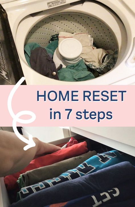 When you find yourself facing a house that looks more like a disaster clean-up site than a place to live, follow these seven steps to an essential home reset to get things back on track efficiently. House Reset, Home Reset, Messy Bedroom, House Checklist, Cleaning Printable, Messy House, Clean Sink, Todo List, Place To Live