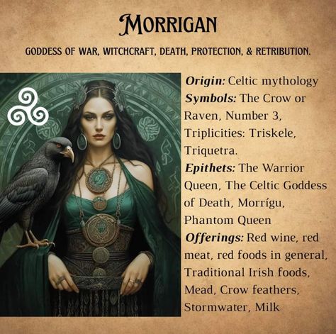 Morrigan Celtic Goddess Tattoo, Celtic Goddess Morgana, Morrigan Tattoo Ideas, The Morrigan Offering, Morgana Goddess, Elen Of The Ways Goddess, The Morgan Goddess, Morrigan Correspondences, Morgan Goddess