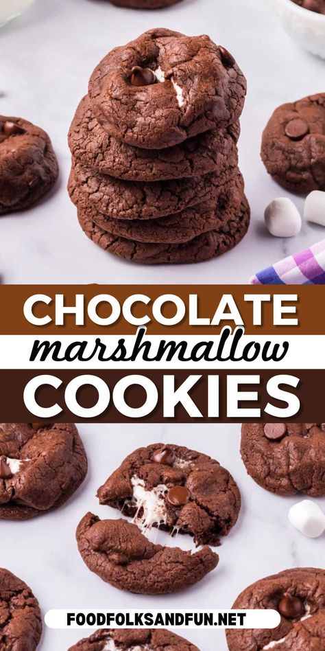 These Chocolate Marshmallow Cookies are chewy and fudge-like on the outside and filled with gooey marshmallows on the inside. via @foodfolksandfun Chocolate Marshmallow Fluff Cookies, Choc Marshmallow Cookies, Cookies Using Marshmallows, Brownie Marshmallow Cookies, Things To Bake With Marshmallows, Chocolate Marshmallow Cookies Recipe, Marshmallow Filled Cookies, Easy Desserts With Marshmallows, Chocolate And Marshmallow Desserts