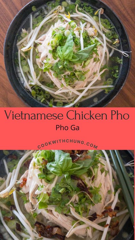 This heartwarming noodle dish is made with rice noodles, shredded chicken and a flavourful broth that has been simmered for an hour. Add the garnish of your choice and enjoy on a cold night. Pho Soup Recipe Chicken, Pho Ga Recipe, Vietnamese Chicken Pho, Authentic Pho, Pho Recipes, Chicken Pho Recipe, Chicken Pho Soup, Vietnamese Recipes Chicken, Pho Soup Recipe