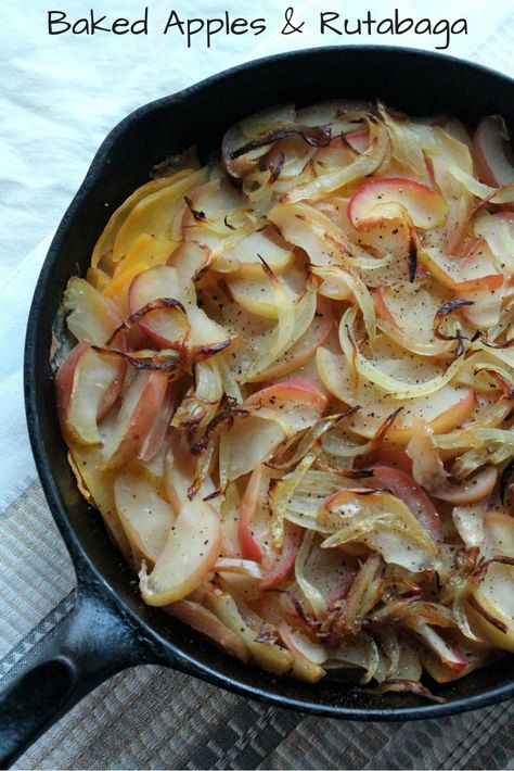 Baked Apples & Rutabaga Recipe - healthy comfort food side dish for autumn evenings. apple recipe Rutabaga Recipes, Recipe Vegetables, Root Veggies, Baked Apple, Sweet Tart, Best Side Dishes, Garden Recipes, Fried Onions, Cast Iron Skillet