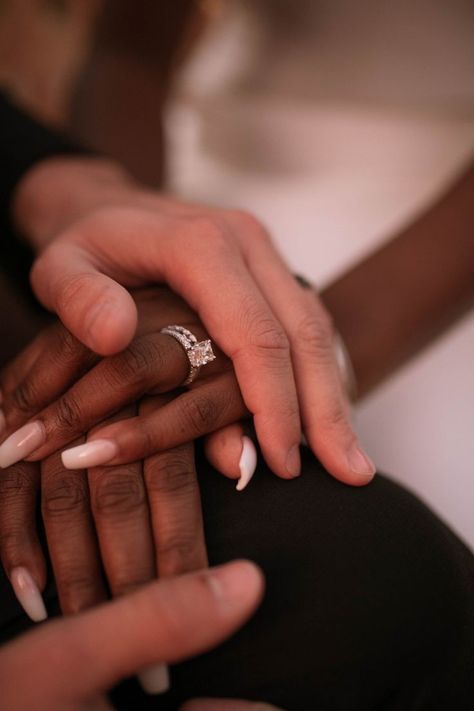 Engagement Rings African American, Engagement Photos Bwwm, Interacial Wedding Photos, Bwwm Engagement Photos, Bwwm Weddings Aesthetic, Wedding Ring Black Women Hand, Black Woman Wedding Ring, Wedding Rings On Black Women Hands, Black Woman Engagement Ring