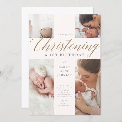 Gold Calligraphy Photo Christening & 1st Birthday  Invitation - Christening Gifts Christening And Birthday Invitation, First Birthday Invitation Cards, Christening Invitation, Gold Calligraphy, 1st Birthday Invitation, Baby Invitations, 1st Birthday Invitations, First Birthday Invitations, Christening Gifts