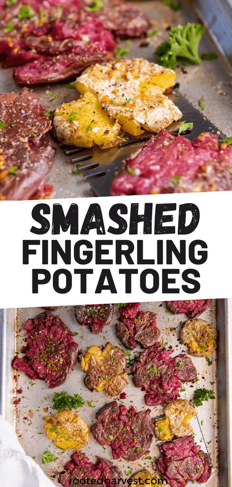 These crispy smashed fingerling potatoes bake in the oven with garlic butter to create a delicious side dish. Serve them with your favorite main dish for a complete meal. Smashed Fingerling Potatoes, Fingerling Potatoes Recipes, Baked Boneless Chicken Thighs, Best Potato Recipes, Homemade Garlic Butter, Roasted Fingerling Potatoes, Fingerling Potatoes, Delish Recipes, Easy Delicious Recipes