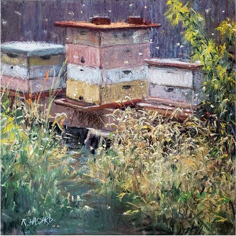 Ray Hassard on Instagram: “Beehives Behind the Barn Pastel 12" x 12" Started plein air at Holmeyer's Orchards Finished up in the studio 10/6/2020…” Painting Styles, Honey Bees, Fashion Painting, The Barn, In The Studio, Bee Hive, The Studio, Plein Air, Honey