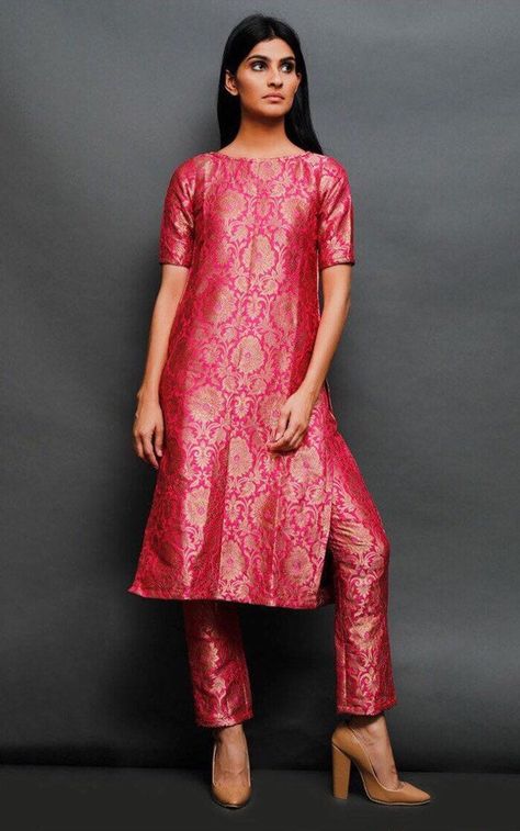 Pink pure brocade banarasi silk wedding reception salwar | Etsy Brocade Suits, Orang India, Silk Kurti Designs, Pant Trouser, Indian Kurti Designs, Gaun Fashion, Party Mode, Kurti Designs Party Wear, Kurta Designs Women