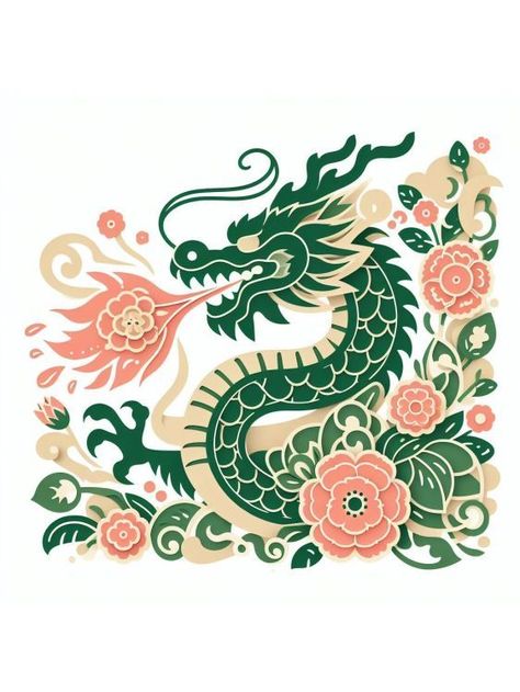 For a Green Wooden Dragon Breathing Flowers, create a flowing dragon with ornate scales and a majestic mane. Incorporate florals in its breath, merging with the body. Use a palette of greens, pinks, and creams, highlighting details for depth. Filipino Dragon, Dragon Illustration Design, Lunar New Year Drawing, New Year Drawings, Green Dragon Art, Tropical Dragon, Aztec Dragon, New Year Drawing Ideas, Colourful Dragon