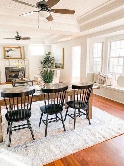 This modern farmhouse table with black Windsor chairs is ready and waiting for a family dinner! Farmhouse table, dining table with bench, dining room decor, black dining chairs, Windsor chairs, affordable home decor #LTKhome Dining Table With Windsor Chairs, Dining Room Black Chairs Wood Table, Farmhouse Table And Black Chairs, Black Chairs And Wood Table, Windsor Chairs Farmhouse Table, Black Windsor Chairs And Farm Table, Black Windsor Chairs Dining Room, Light Brown Table With Black Chairs, Windsor Dining Room Chairs