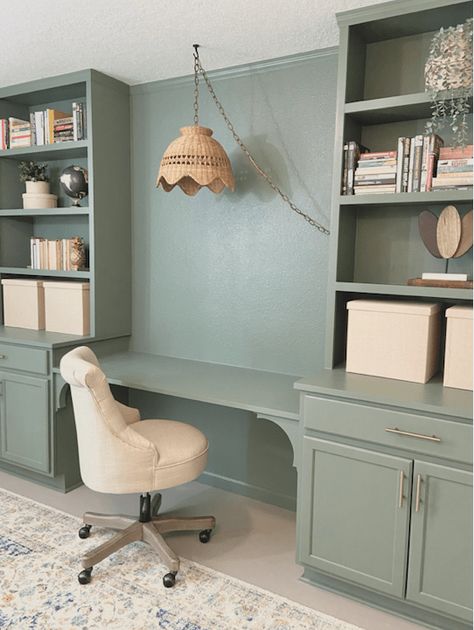 Built In Desk And Shelves, Office Transformation, Desk Nook, Paint Concrete, Office Built Ins, Painted Concrete Floors, Diy Office, Office Makeover, Closet Makeover