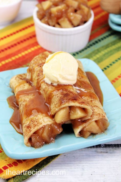 Best Ever Caramel Apple Pie Taquitos | I Heart Recipes Apple Taquitos, Apple Pie Taquitos, Cinnamon Sugar Tortillas, I Heart Recipes, Caramel Apples Homemade, Homemade Apple Pie Filling, Heart Recipes, Apple Pie Filling, Homemade Caramel Sauce