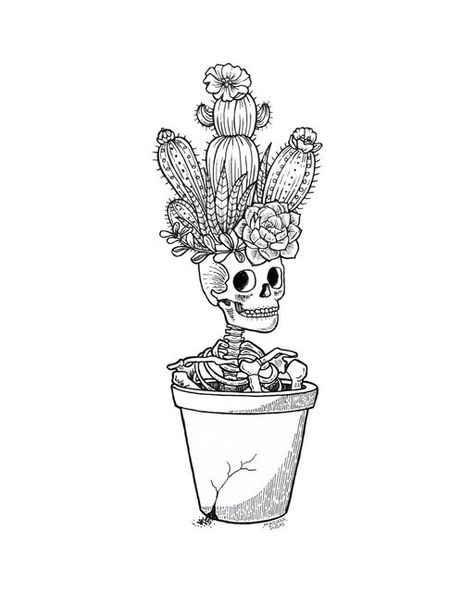 Skeleton Cactus Tattoo, Skull Planter Tattoo, Skull Flower Pot Tattoo, Flower Pot Tattoo Ideas, Fun Skeleton Tattoo, Skeleton Plant Tattoo, Skull With Plants Tattoo, Funny Skeleton Tattoo, Cactus Tattoo Design