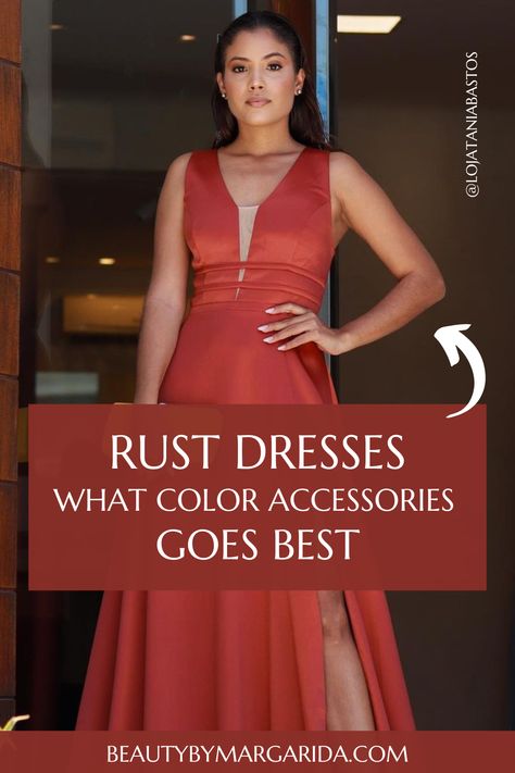 Looking for ideas on how to accessorize your rust dress? Look no further! Our guide has got you covered with tips on the best jewelry, shoes, purse, and nail polish to pair with your rust dress! Dress: Tania Bastos Jewelry For Rust Dress, Nails For Rust Color Dress, Nails With Copper Dress, Rust Colored Formal Dress, Nail Color For Rust Dress, Nails To Go With Copper Dress, Copper Dress Accessories, Nails With Terracotta Dress, Shoes For Rust Colored Dress