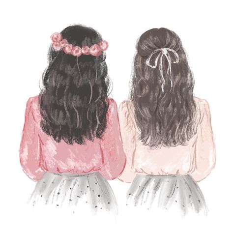 Two Besties Drawing, Two Girls Best Friends, Easy Bunny Drawing, Pink Blouses, Sisters Drawing, Back Drawing, Cute Sister, Best Friend Drawings, Best Friends Cartoon