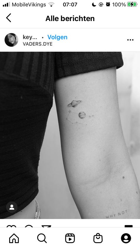 Minimalistic Universe Tattoo, Minimalistic Planet Tattoo, Small Neptune Tattoo, Minimal Galaxy Tattoo, Simple Jupiter Tattoo, Jupiter Saturn Tattoo, Jupiter And Saturn Tattoos, Planet And Moon Tattoo, Saturn And Jupiter Tattoo