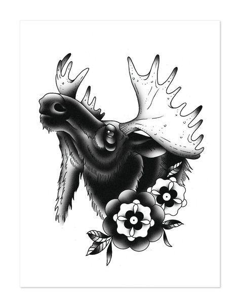 Black And White Traditional Tattoo, Wolf Tattoo Traditional, Black And White Traditional, Moose Tattoo, Hunting Tattoos, Portrait Black And White, Mary Tattoo, Forest Tattoos, Tattoo Traditional